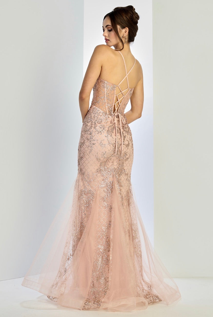 Floral Embroidery Sequin Sheer Bodice Mesh Mermaid Long Dress. 3255 BY ADORA DESIGN