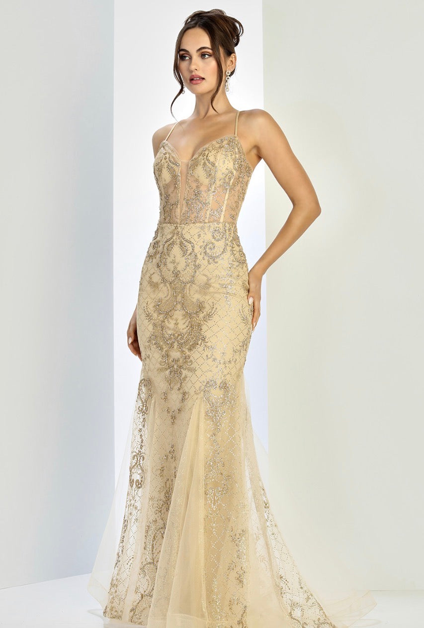 Floral Embroidery Sequin Sheer Bodice Mesh Mermaid Long Dress. 3255 BY ADORA DESIGN