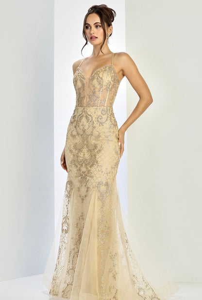 Floral Embroidery Sequin Sheer Bodice Mesh Mermaid Long Dress. 3255 BY ADORA DESIGN