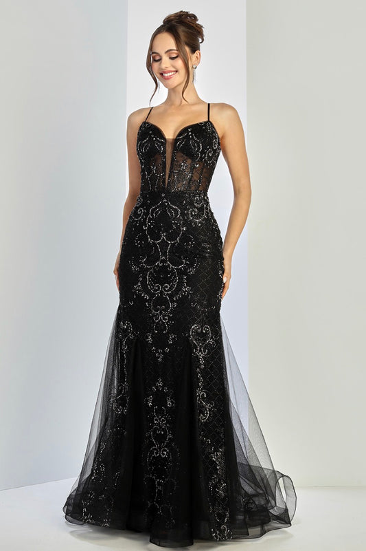 Floral Embroidery Sequin Sheer Bodice Mesh Mermaid Long Dress. 3255 BY ADORA DESIGN