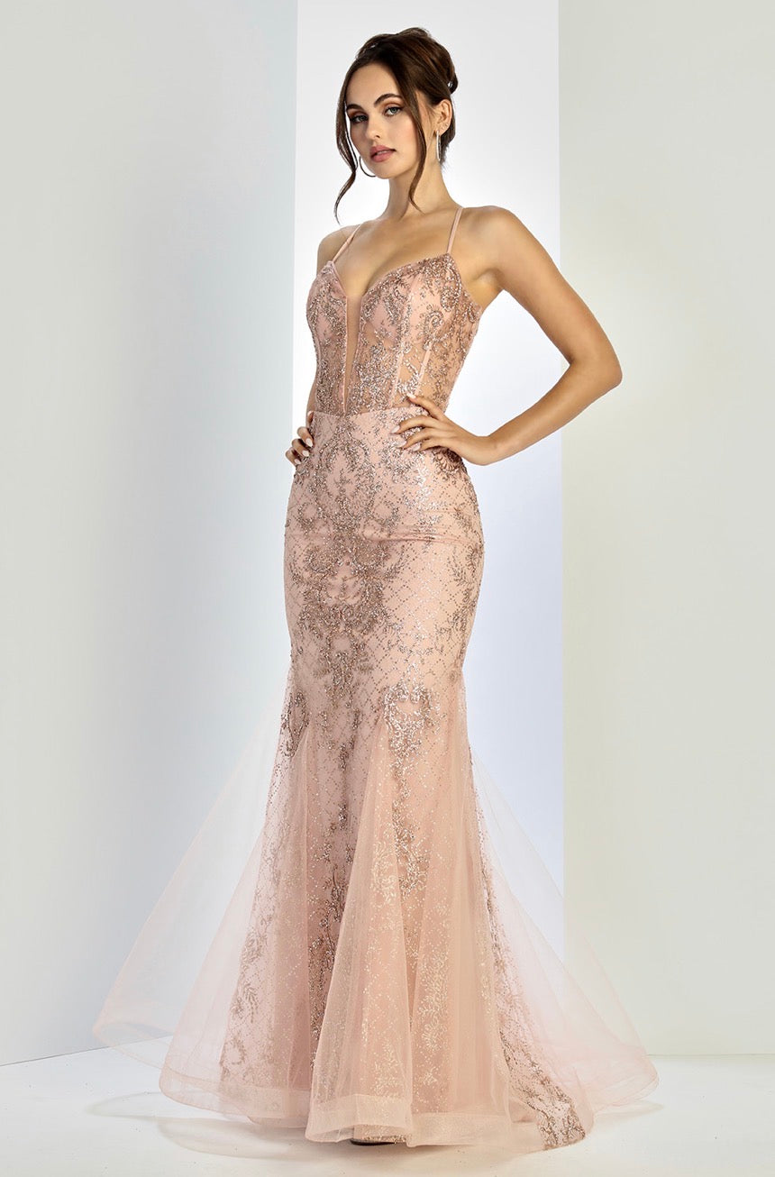 Floral Embroidery Sequin Sheer Bodice Mesh Mermaid Long Dress. 3255 BY ADORA DESIGN