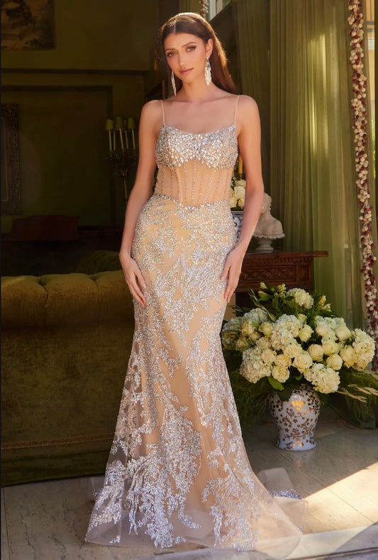 This mermaid silhouette dress is heavily embellished with beads, jewels, and sequins.  GL3614 GLS BY GLORIA
