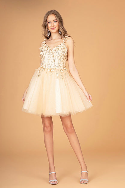Sequin Floral Applique V-Back Glitter Mesh Homecoming Dress w/ Sweetheart Neckline. GS1999 GLS By Elizabeth K.