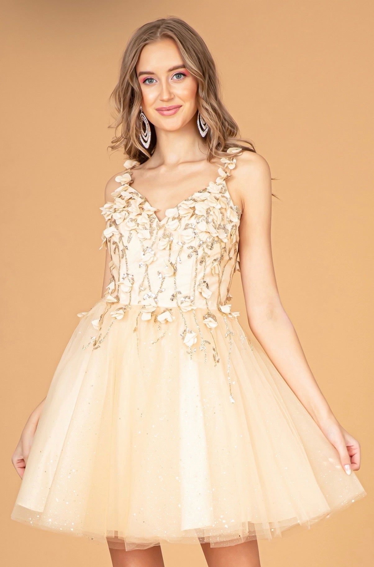 Sequin Floral Applique V-Back Glitter Mesh Homecoming Dress w/ Sweetheart Neckline. GS1999 GLS By Elizabeth K.