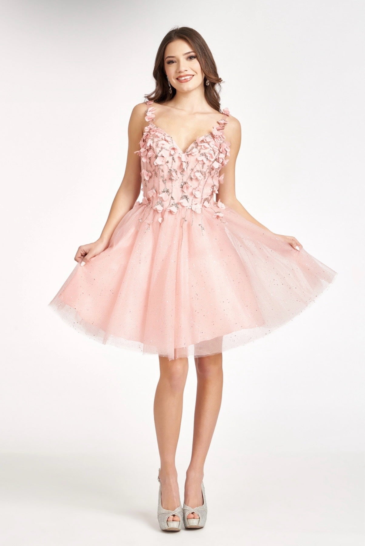 Sequin Floral Applique V-Back Glitter Mesh Homecoming Dress w/ Sweetheart Neckline. GS1999 GLS By Elizabeth K.