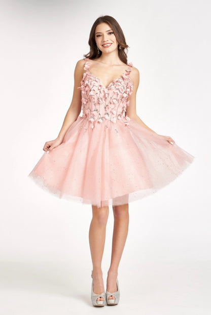 Sequin Floral Applique V-Back Glitter Mesh Homecoming Dress w/ Sweetheart Neckline. GS1999 GLS By Elizabeth K.
