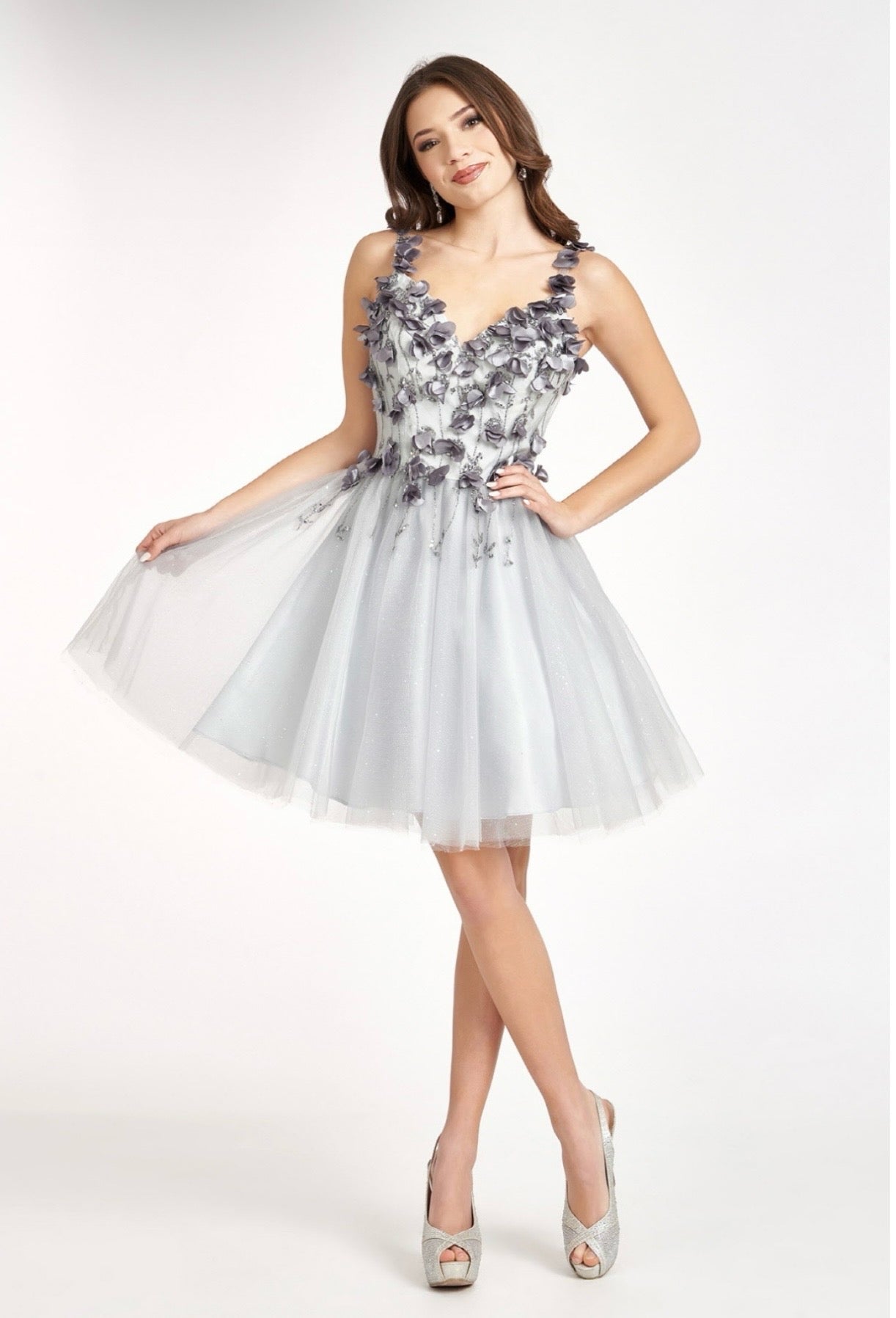 Sequin Floral Applique V-Back Glitter Mesh Homecoming Dress w/ Sweetheart Neckline. GS1999 GLS By Elizabeth K.