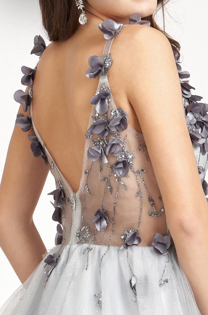 Sequin Floral Applique V-Back Glitter Mesh Homecoming Dress w/ Sweetheart Neckline. GS1999 GLS By Elizabeth K.