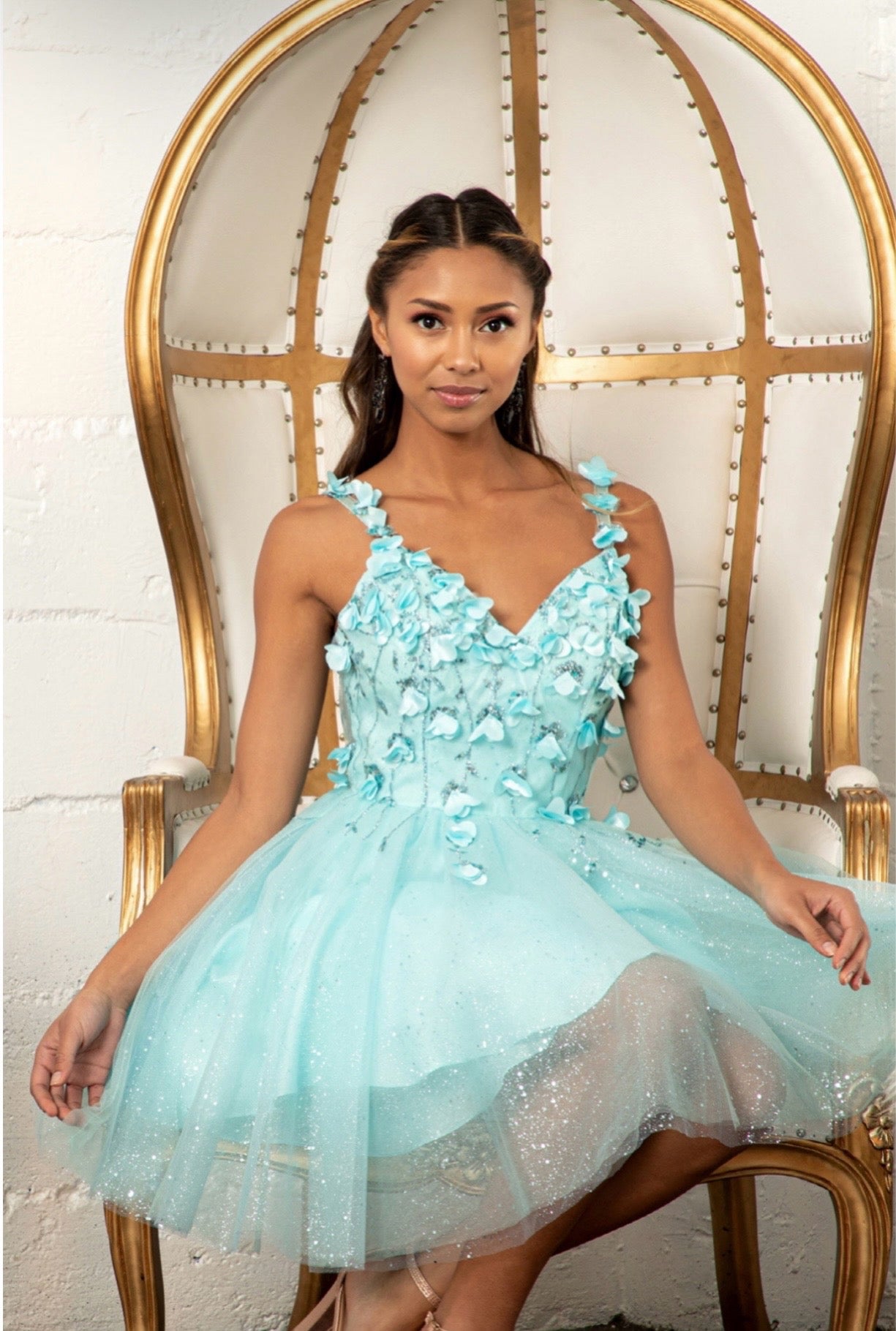 Sequin Floral Applique V-Back Glitter Mesh Homecoming Dress w/ Sweetheart Neckline. GS1999 GLS By Elizabeth K.