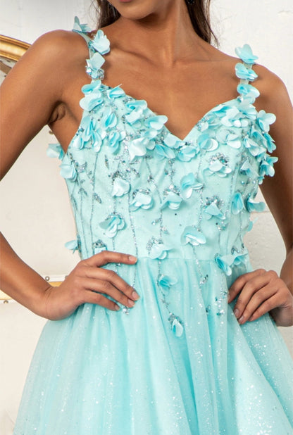 Sequin Floral Applique V-Back Glitter Mesh Homecoming Dress w/ Sweetheart Neckline. GS1999 GLS By Elizabeth K.