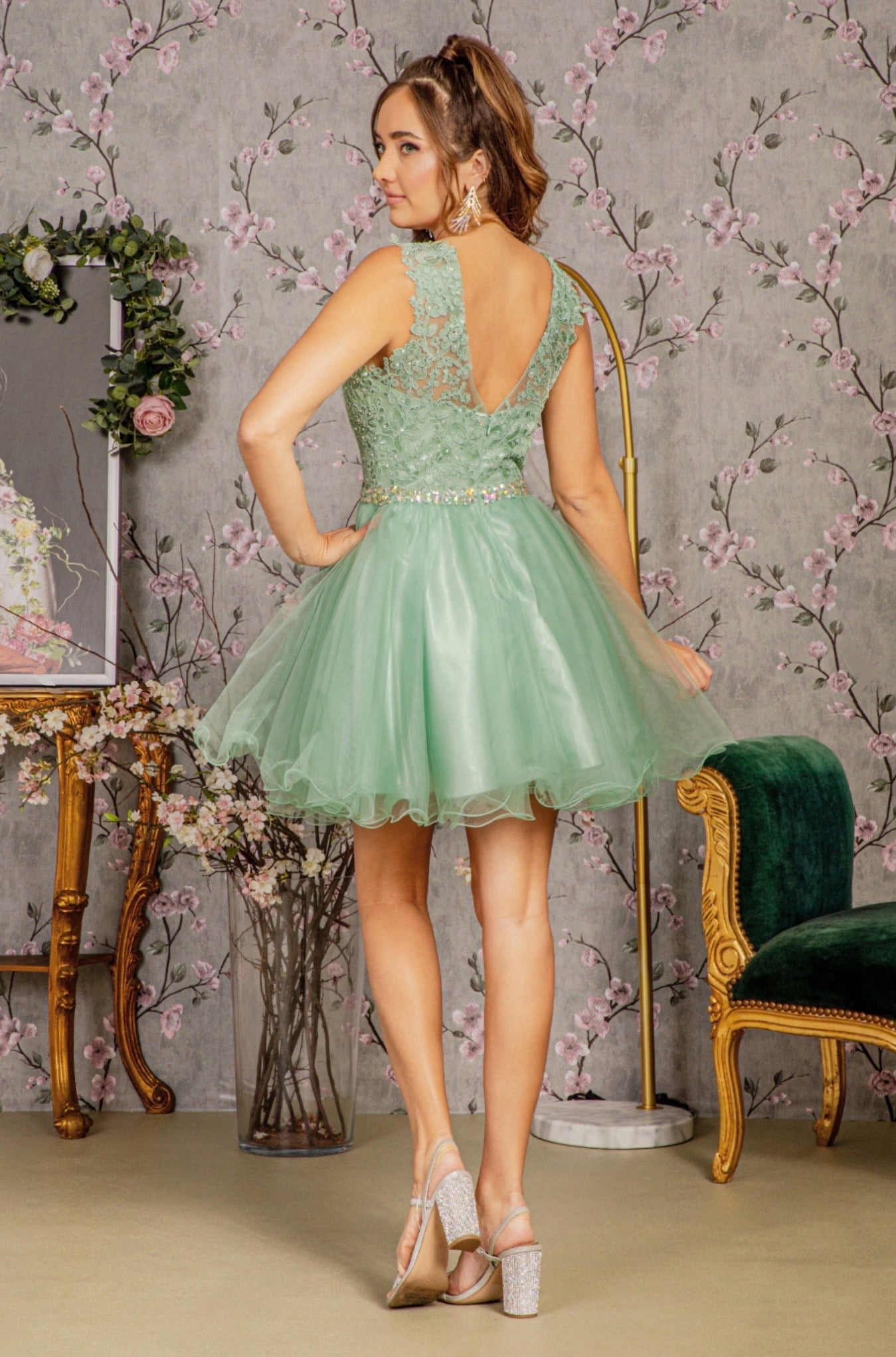 Lace Illusion Top A-line Short Dress with Beaded Waist. GS2375 GLS by Elizabeth K
