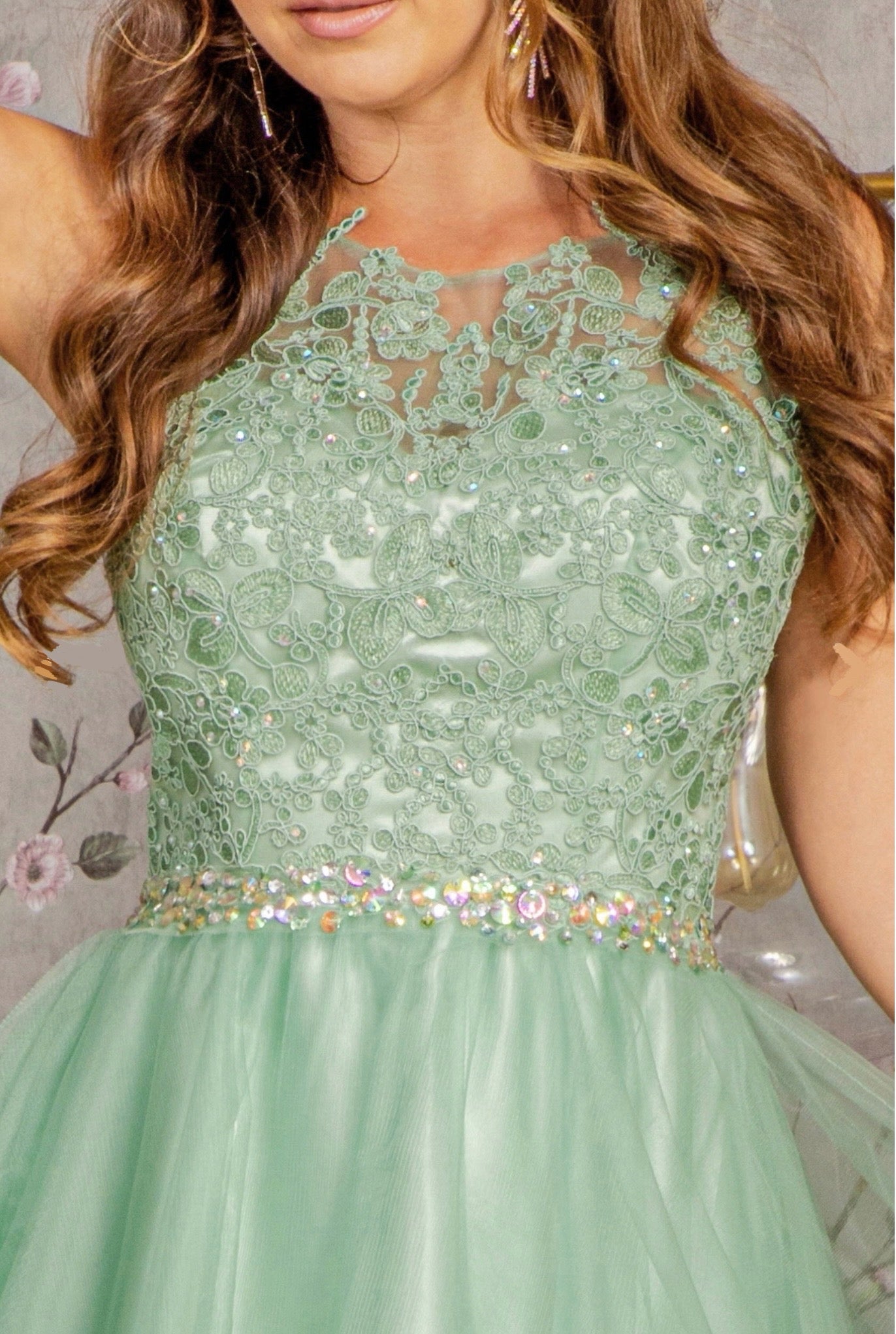 Lace Illusion Top A-line Short Dress with Beaded Waist. GS2375 GLS by Elizabeth K