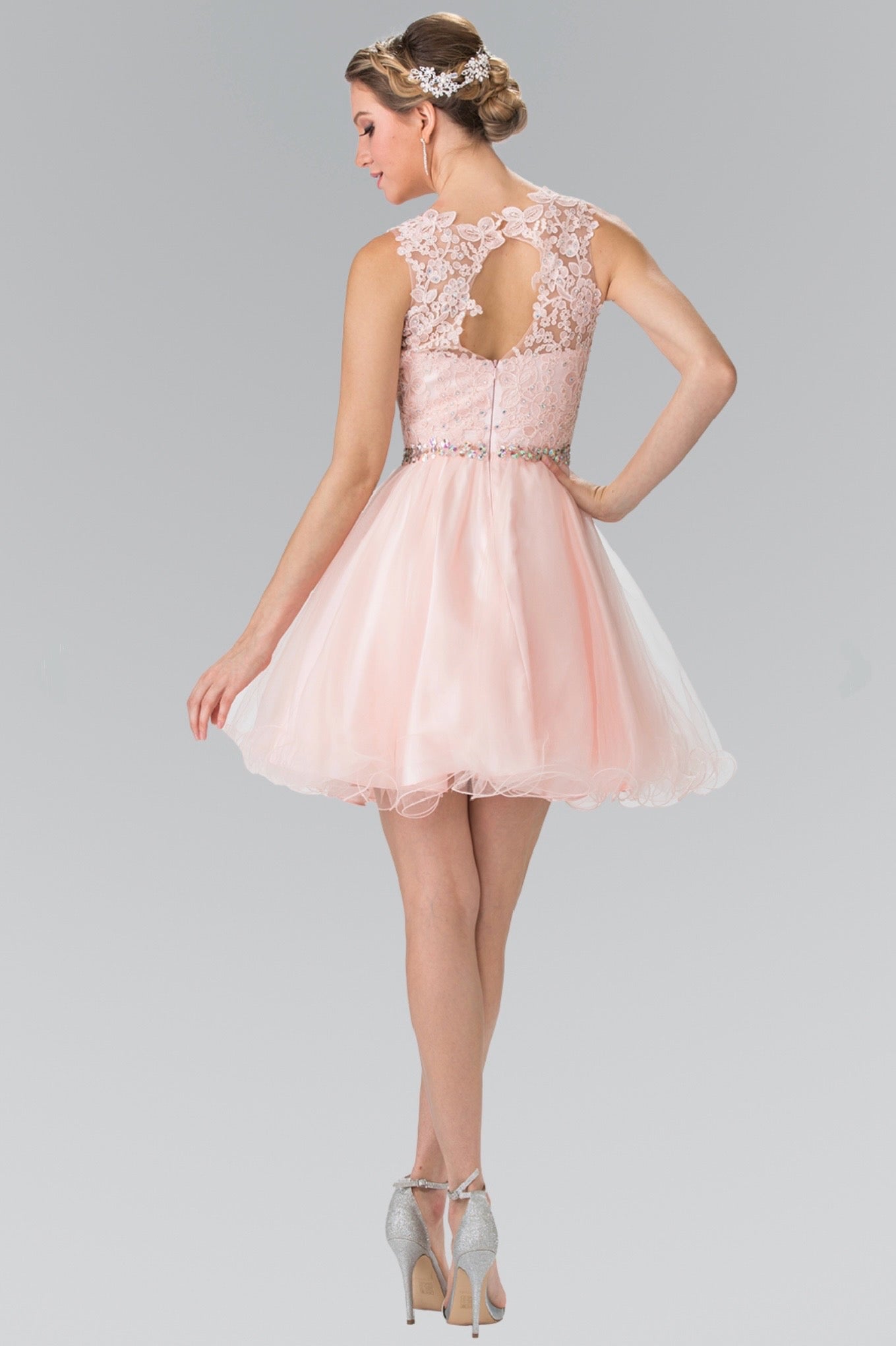 Lace Illusion Top A-line Short Dress with Beaded Waist. GS2375 GLS by Elizabeth K