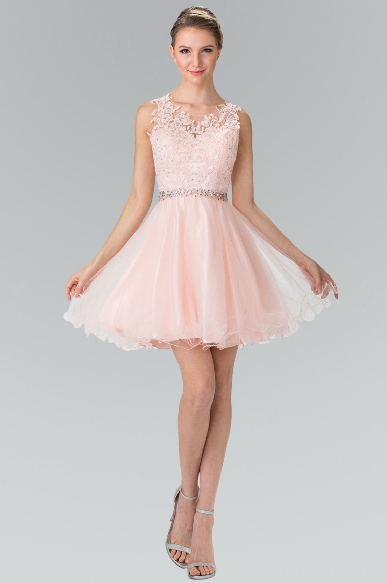 Lace Illusion Top A-line Short Dress with Beaded Waist. GS2375 GLS by Elizabeth K