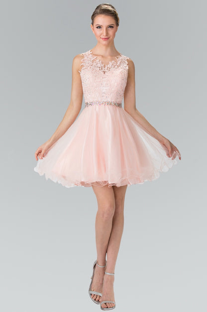Lace Illusion Top A-line Short Dress with Beaded Waist. GS2375 GLS by Elizabeth K