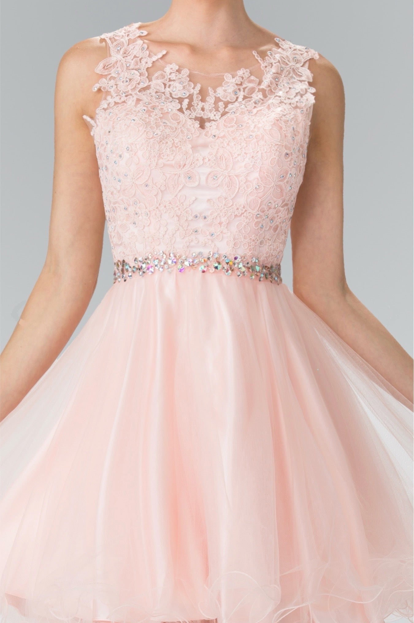 Lace Illusion Top A-line Short Dress with Beaded Waist. GS2375 GLS by Elizabeth K