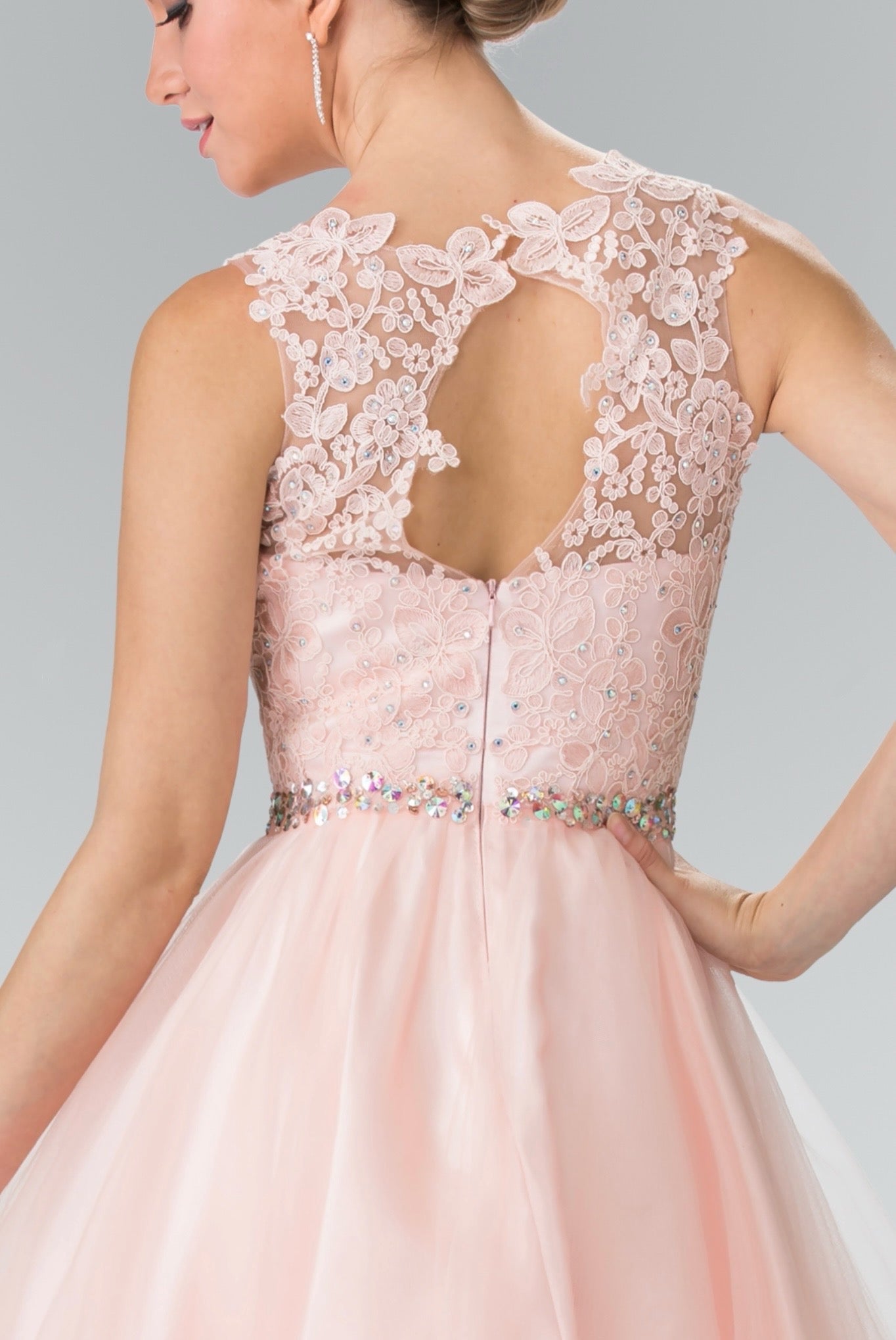 Lace Illusion Top A-line Short Dress with Beaded Waist. GS2375 GLS by Elizabeth K