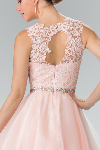 Lace Illusion Top A-line Short Dress with Beaded Waist. GS2375 GLS by Elizabeth K