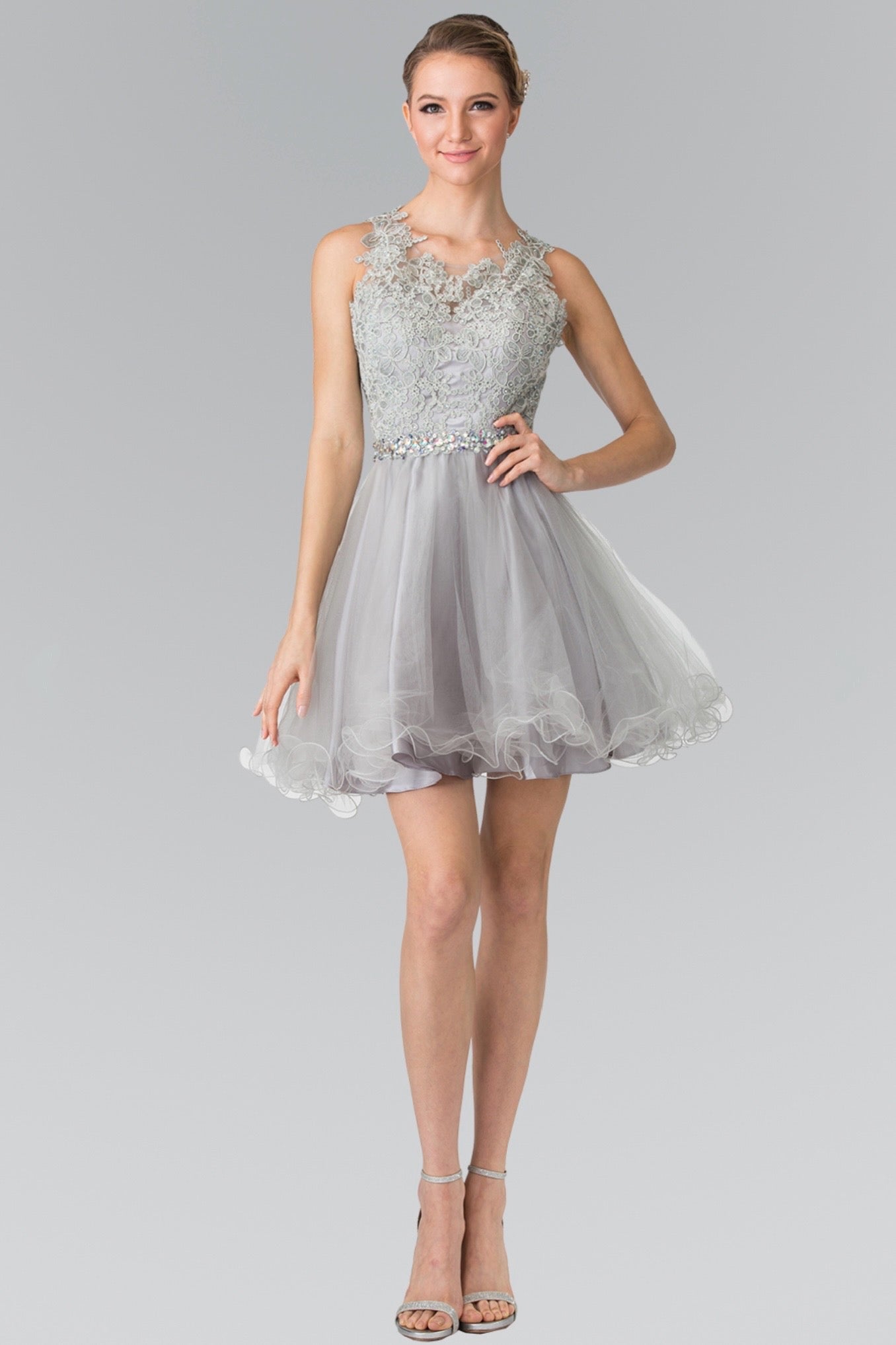 Lace Illusion Top A-line Short Dress with Beaded Waist. GS2375 GLS by Elizabeth K