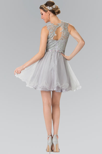 Lace Illusion Top A-line Short Dress with Beaded Waist. GS2375 GLS by Elizabeth K