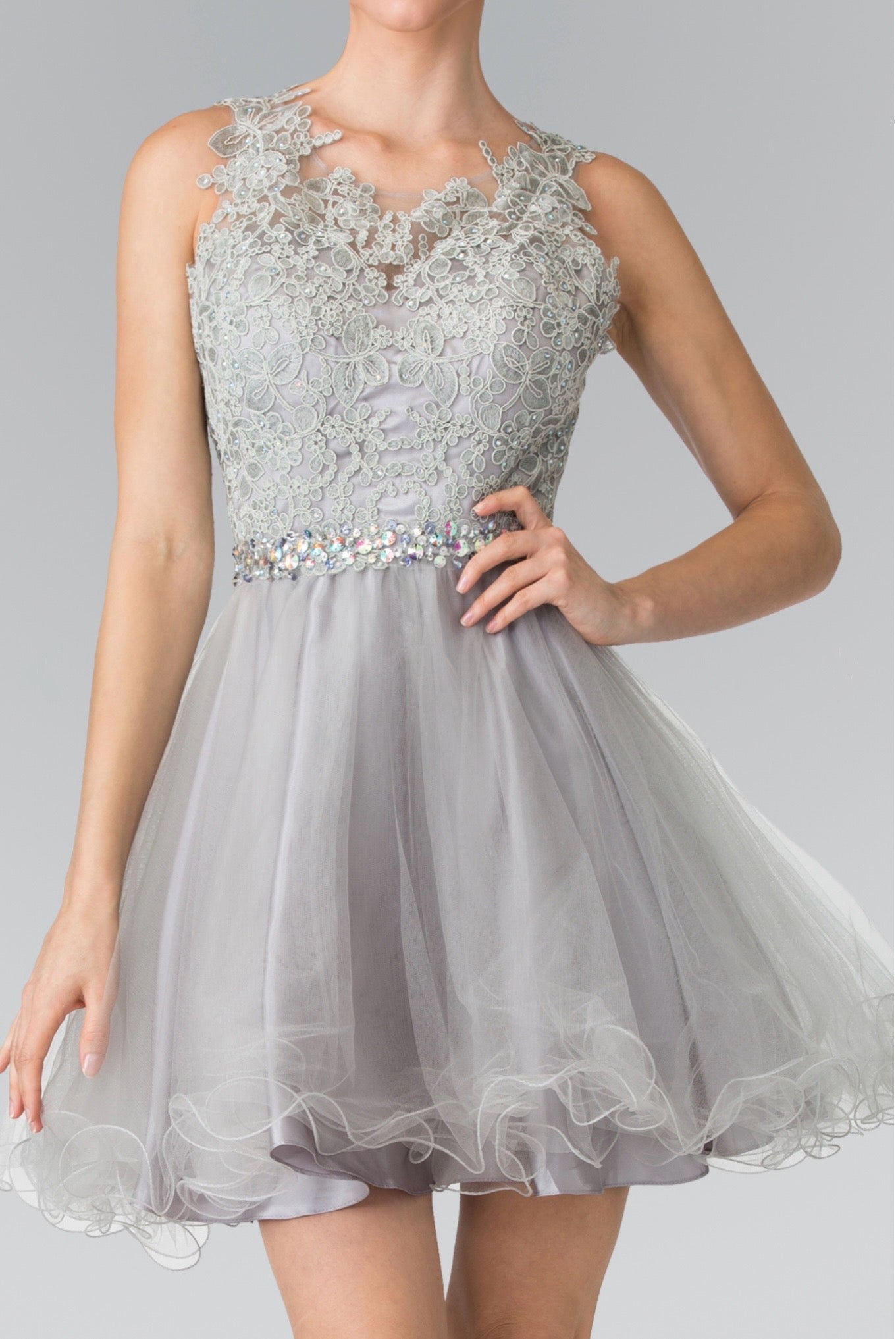 Lace Illusion Top A-line Short Dress with Beaded Waist. GS2375 GLS by Elizabeth K