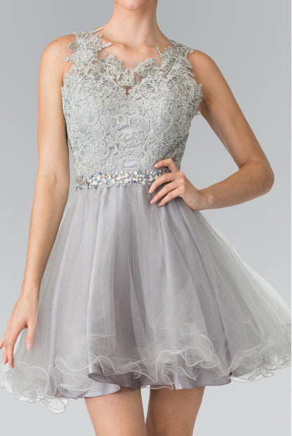 Lace Illusion Top A-line Short Dress with Beaded Waist. GS2375 GLS by Elizabeth K