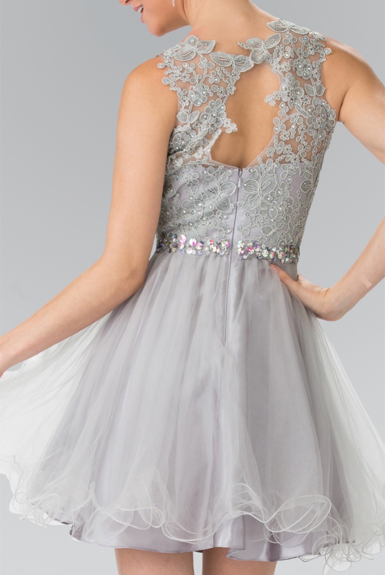 Lace Illusion Top A-line Short Dress with Beaded Waist. GS2375 GLS by Elizabeth K