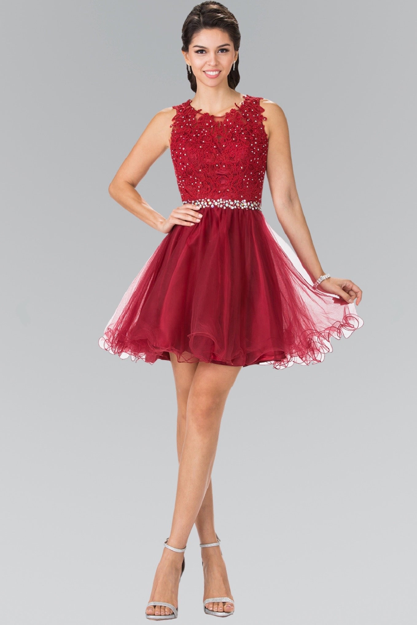 Lace Illusion Top A-line Short Dress with Beaded Waist. GS2375 GLS by Elizabeth K