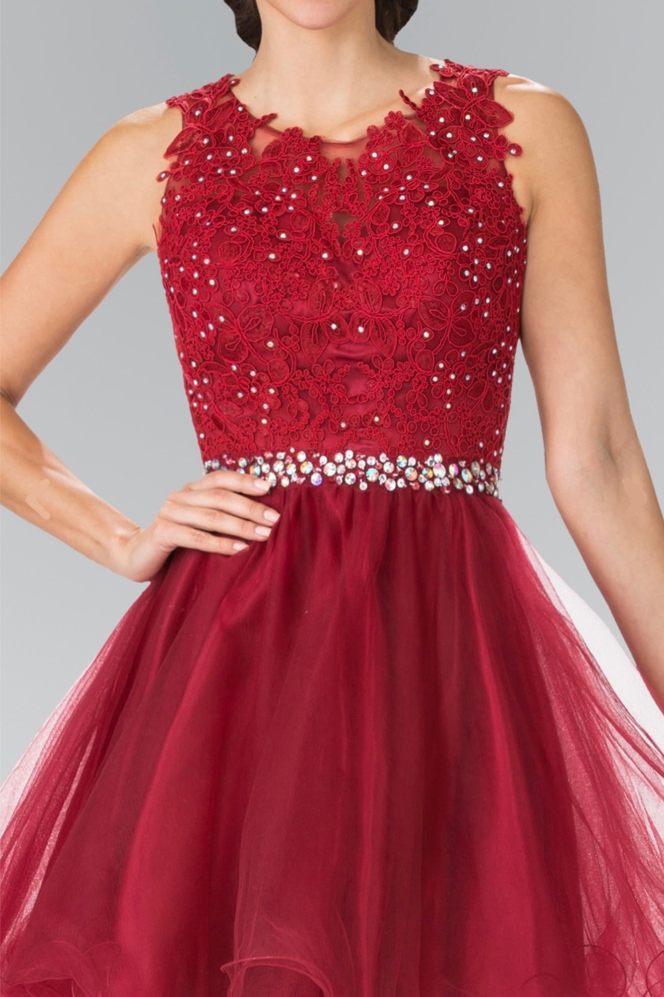 Lace Illusion Top A-line Short Dress with Beaded Waist. GS2375 GLS by Elizabeth K