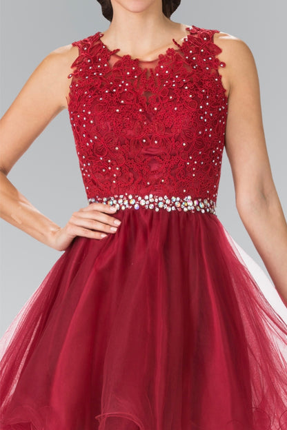 Lace Illusion Top A-line Short Dress with Beaded Waist. GS2375 GLS by Elizabeth K