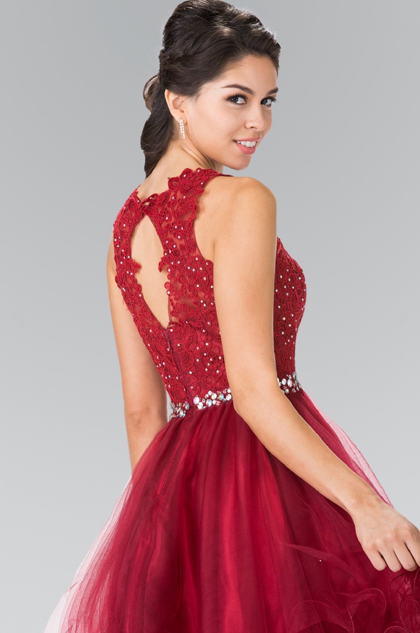 Lace Illusion Top A-line Short Dress with Beaded Waist. GS2375 GLS by Elizabeth K