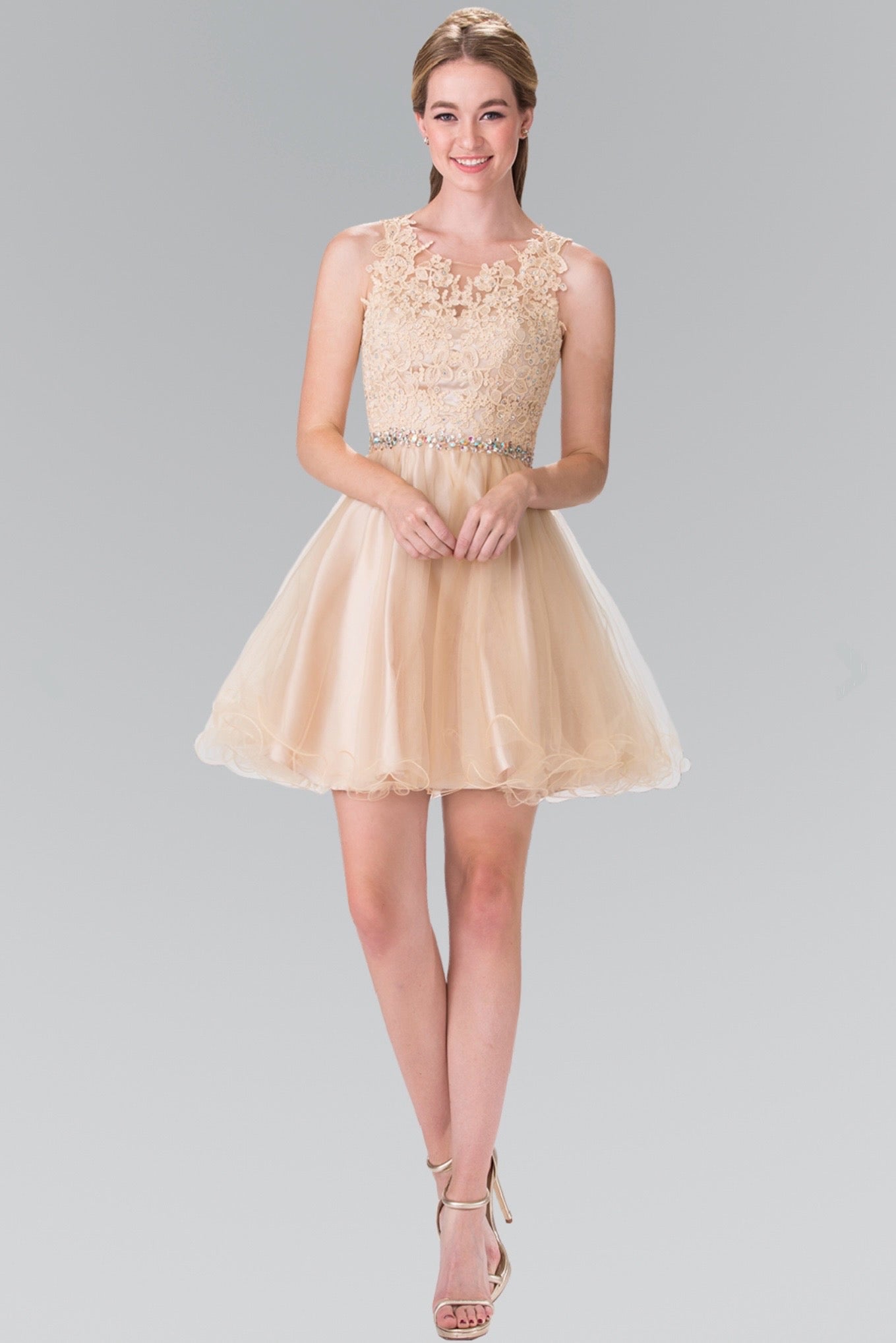 Lace Illusion Top A-line Short Dress with Beaded Waist. GS2375 GLS by Elizabeth K
