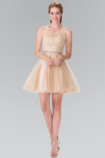Lace Illusion Top A-line Short Dress with Beaded Waist. GS2375 GLS by Elizabeth K