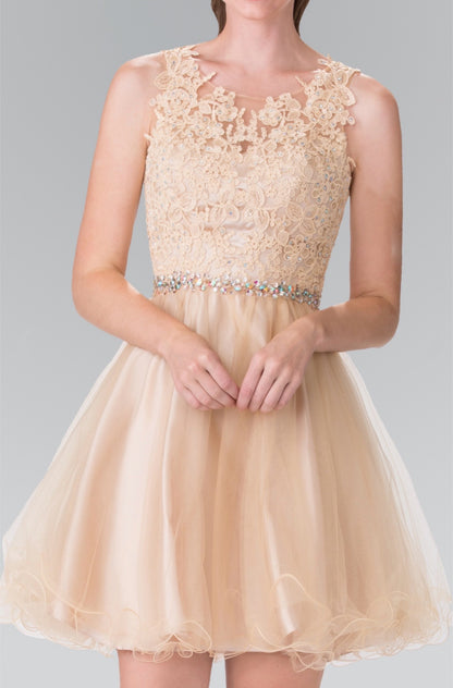 Lace Illusion Top A-line Short Dress with Beaded Waist. GS2375 GLS by Elizabeth K