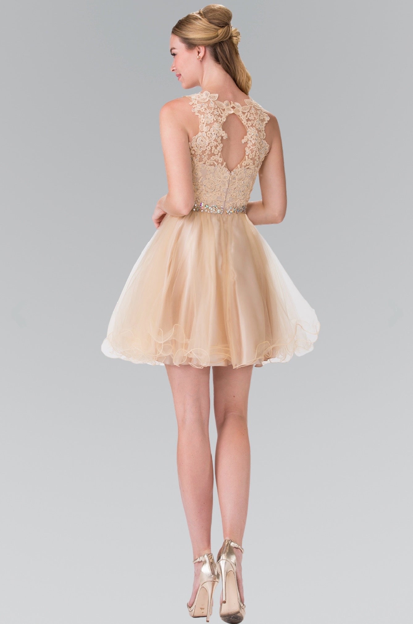 Lace Illusion Top A-line Short Dress with Beaded Waist. GS2375 GLS by Elizabeth K