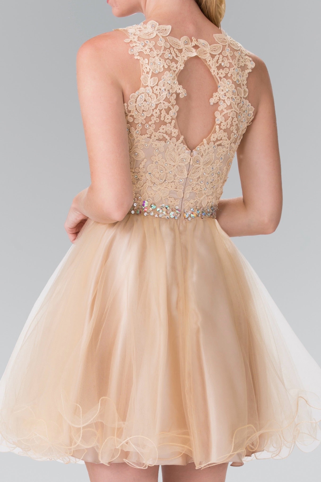 Lace Illusion Top A-line Short Dress with Beaded Waist. GS2375 GLS by Elizabeth K