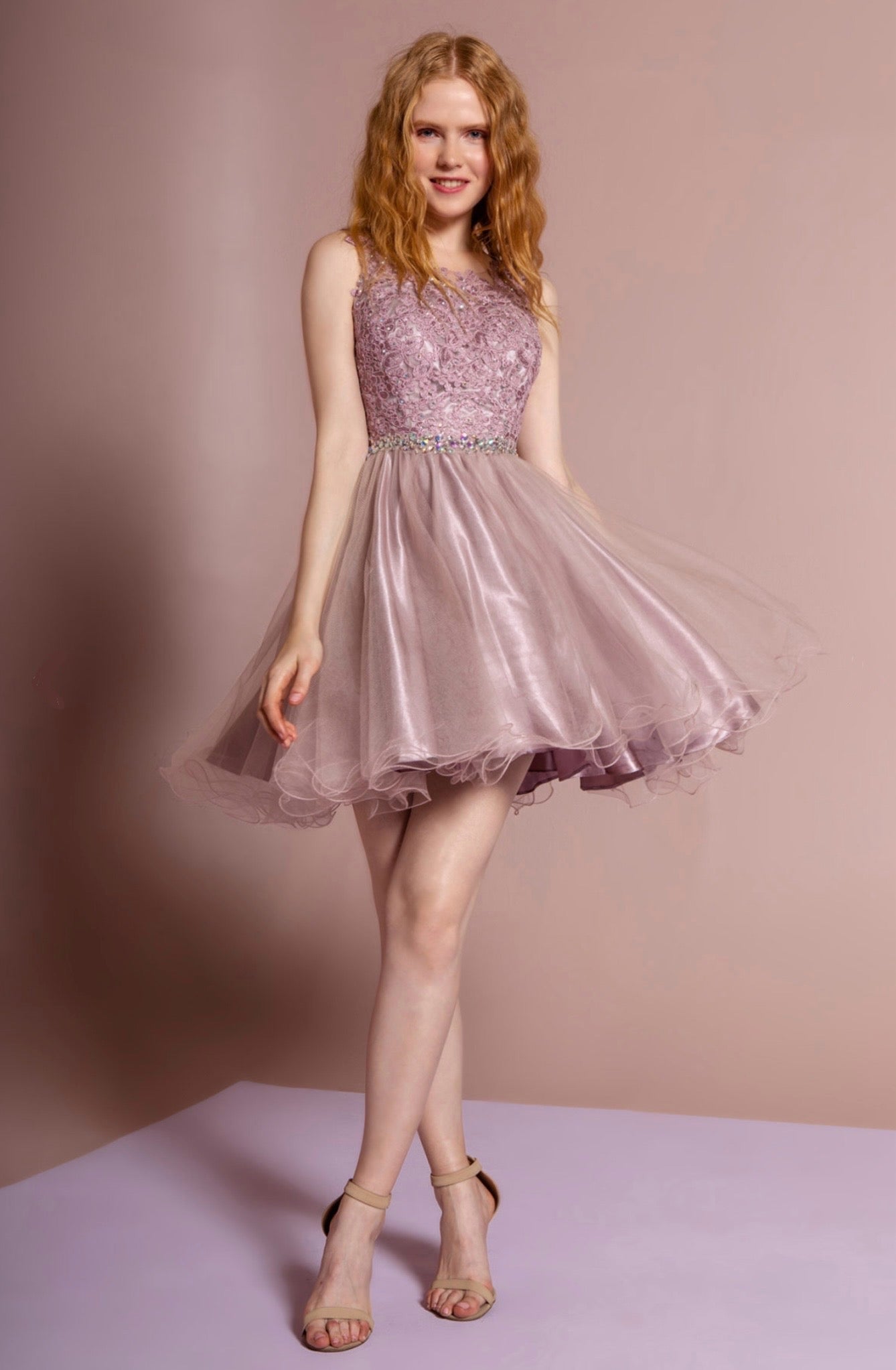Lace Illusion Top A-line Short Dress with Beaded Waist. GS2375 GLS by Elizabeth K