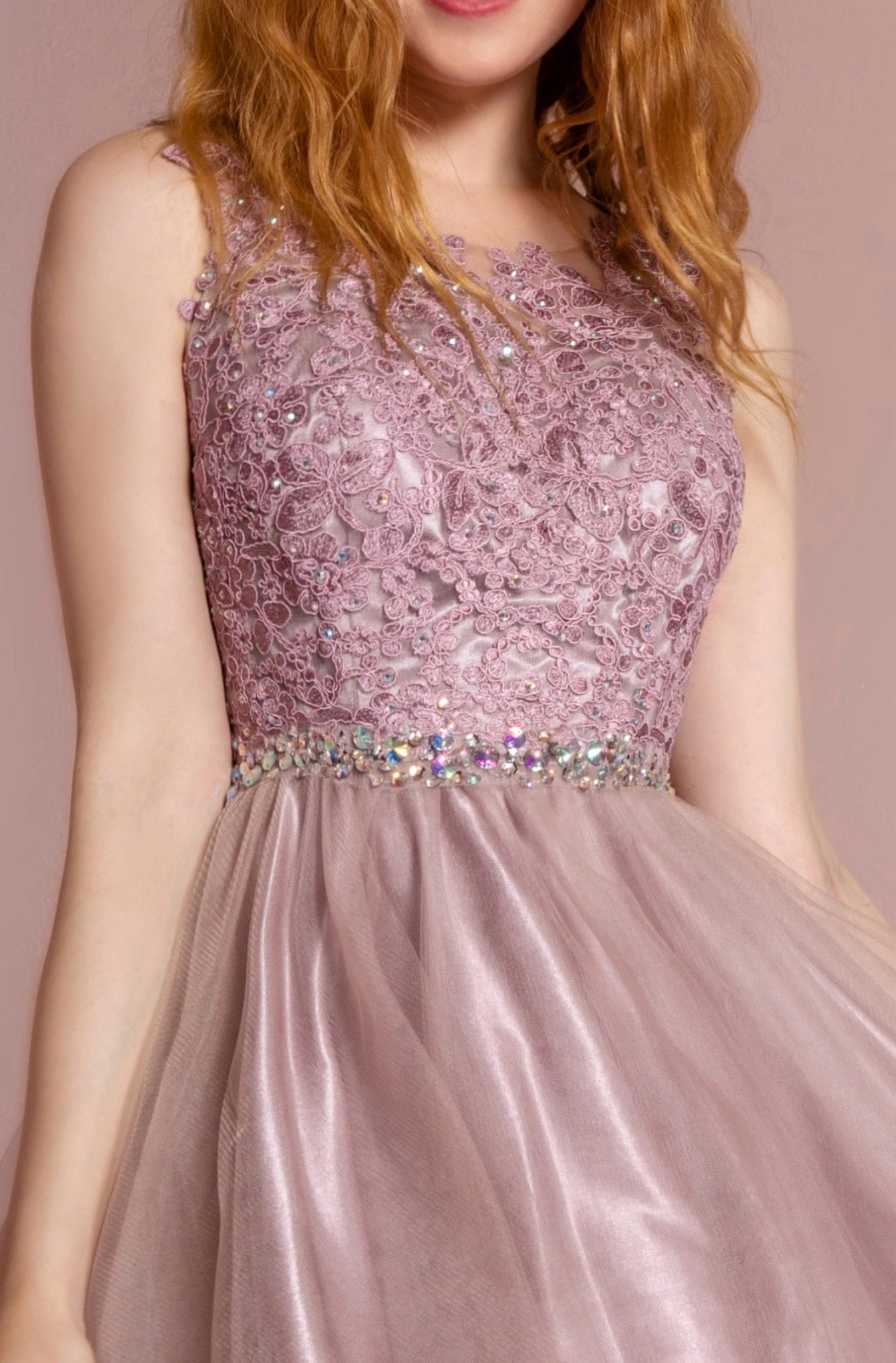 Lace Illusion Top A-line Short Dress with Beaded Waist. GS2375 GLS by Elizabeth K