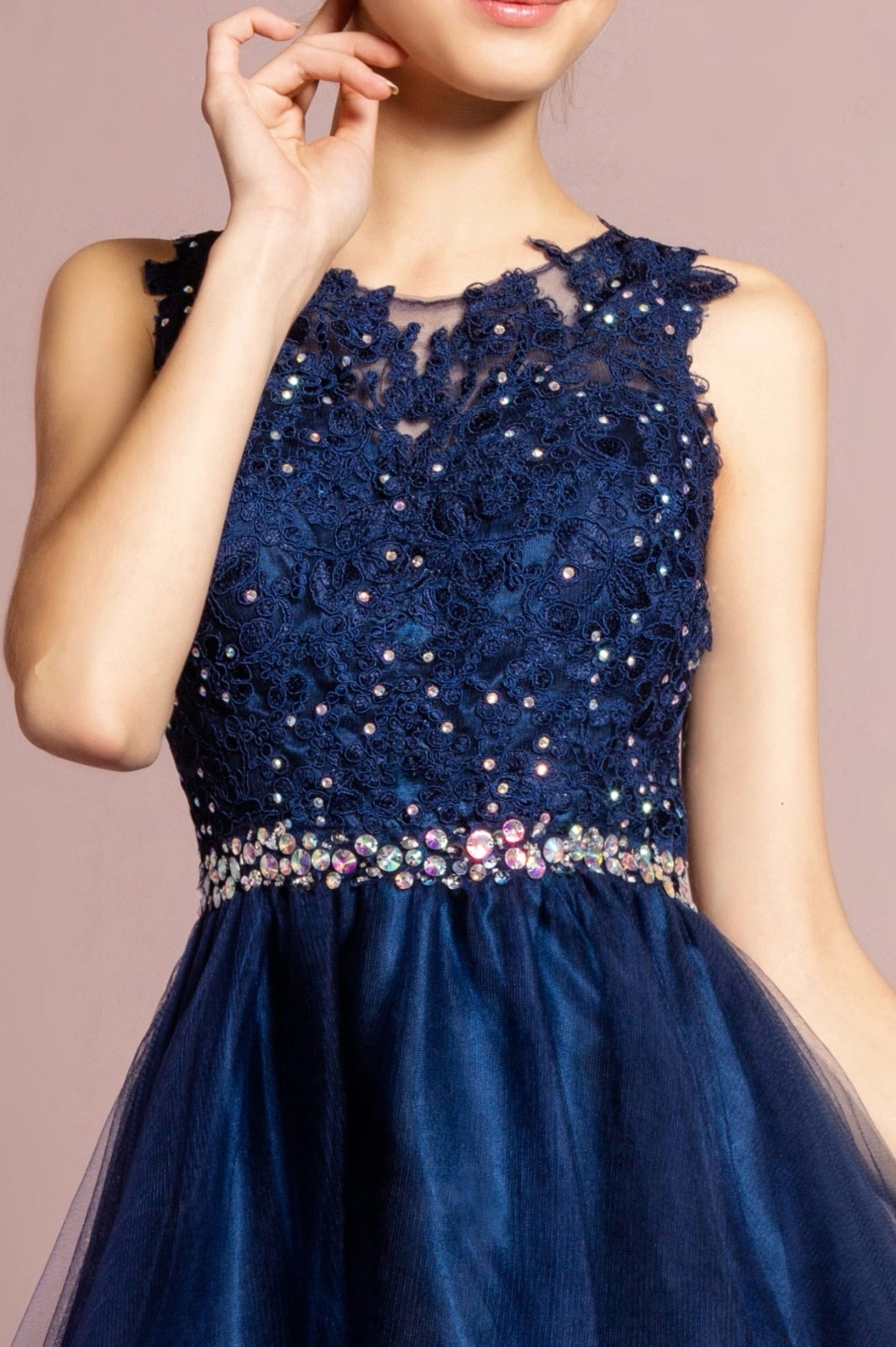 Lace Illusion Top A-line Short Dress with Beaded Waist. GS2375 GLS by Elizabeth K