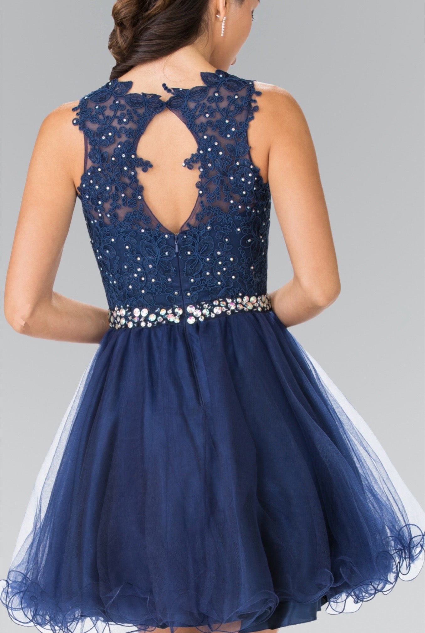 Lace Illusion Top A-line Short Dress with Beaded Waist. GS2375 GLS by Elizabeth K