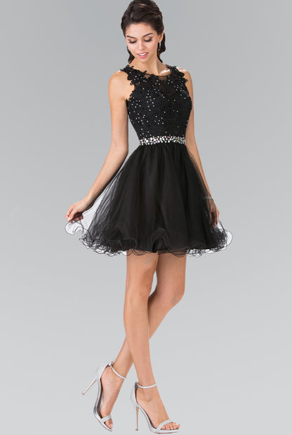 Lace Illusion Top A-line Short Dress with Beaded Waist. GS2375 GLS by Elizabeth K