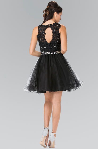 Lace Illusion Top A-line Short Dress with Beaded Waist. GS2375 GLS by Elizabeth K