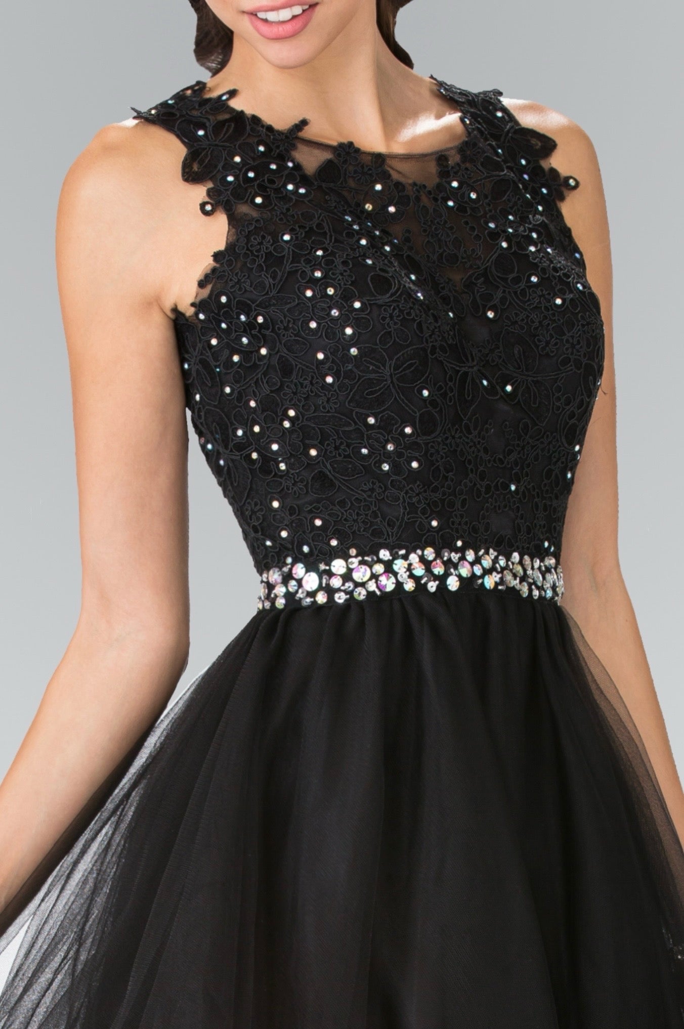 Lace Illusion Top A-line Short Dress with Beaded Waist. GS2375 GLS by Elizabeth K