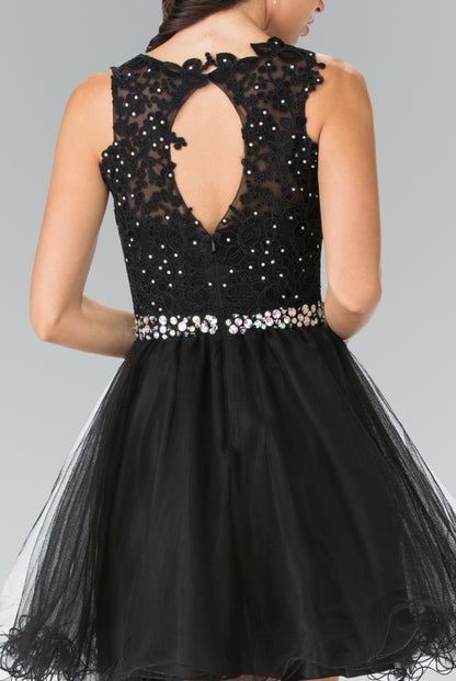 Lace Illusion Top A-line Short Dress with Beaded Waist. GS2375 GLS by Elizabeth K