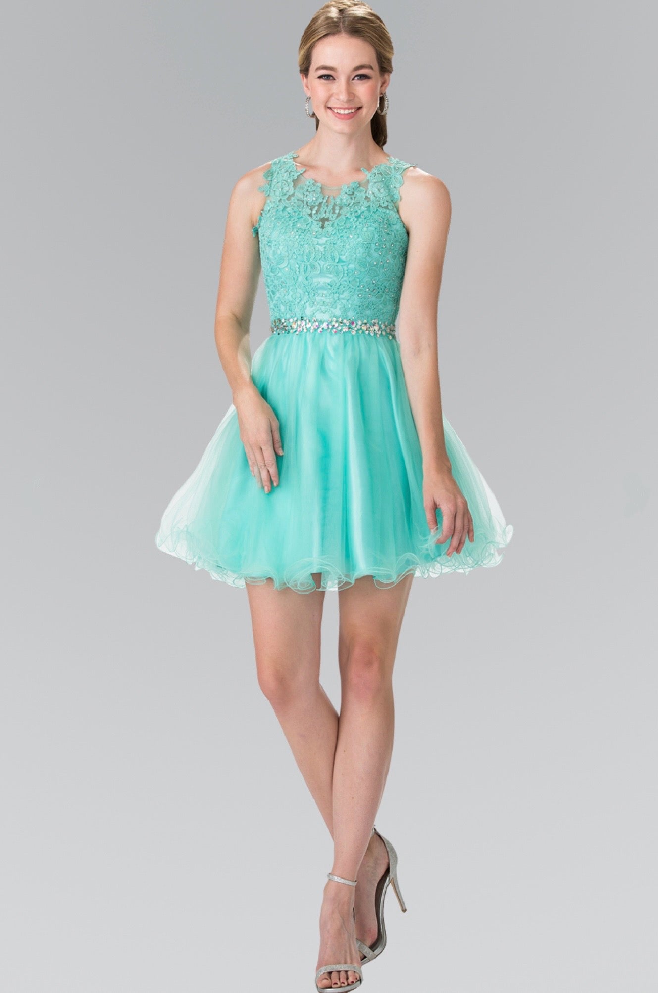 Lace Illusion Top A-line Short Dress with Beaded Waist. GS2375 GLS by Elizabeth K