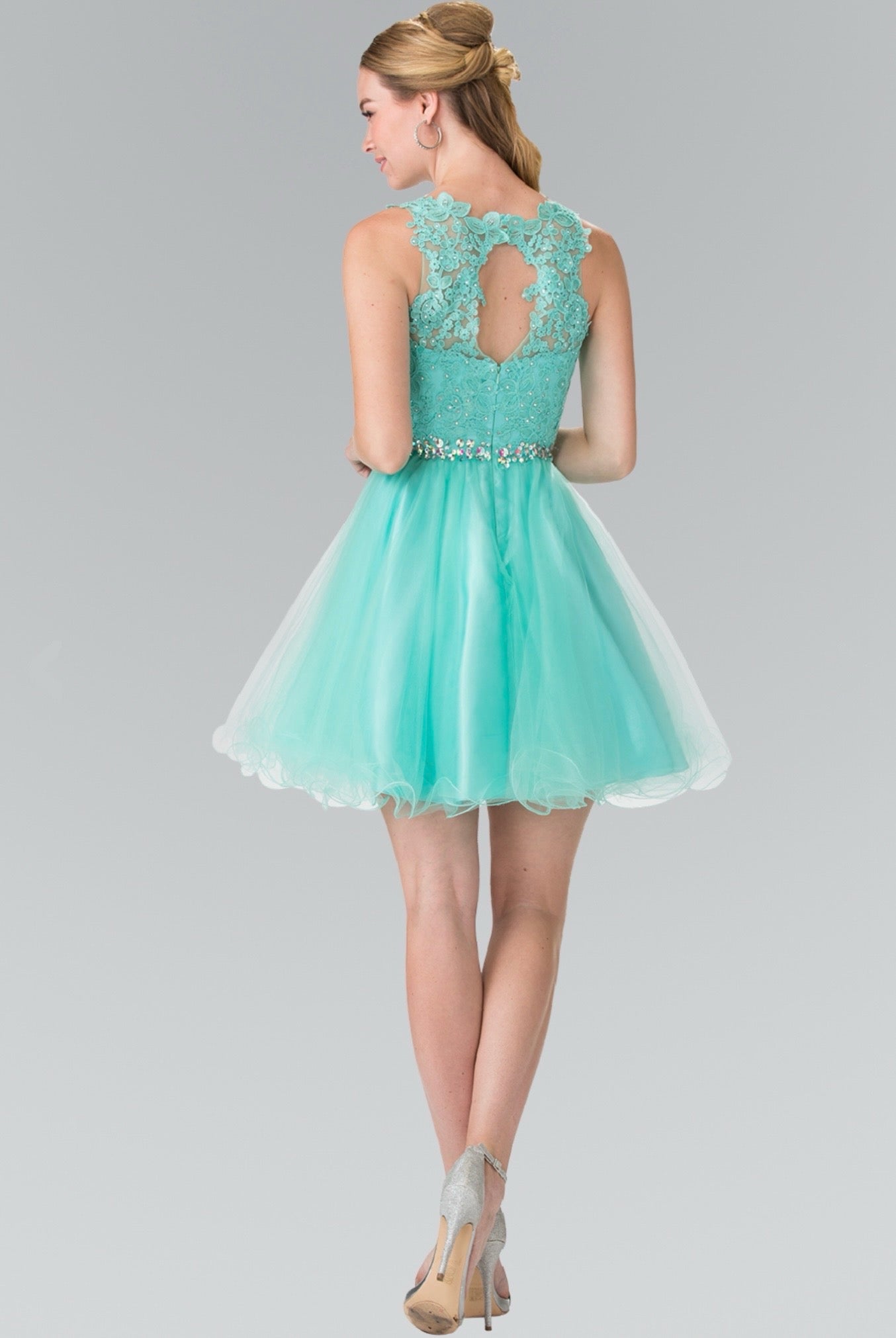 Lace Illusion Top A-line Short Dress with Beaded Waist. GS2375 GLS by Elizabeth K