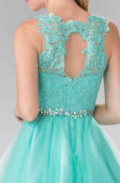 Lace Illusion Top A-line Short Dress with Beaded Waist. GS2375 GLS by Elizabeth K