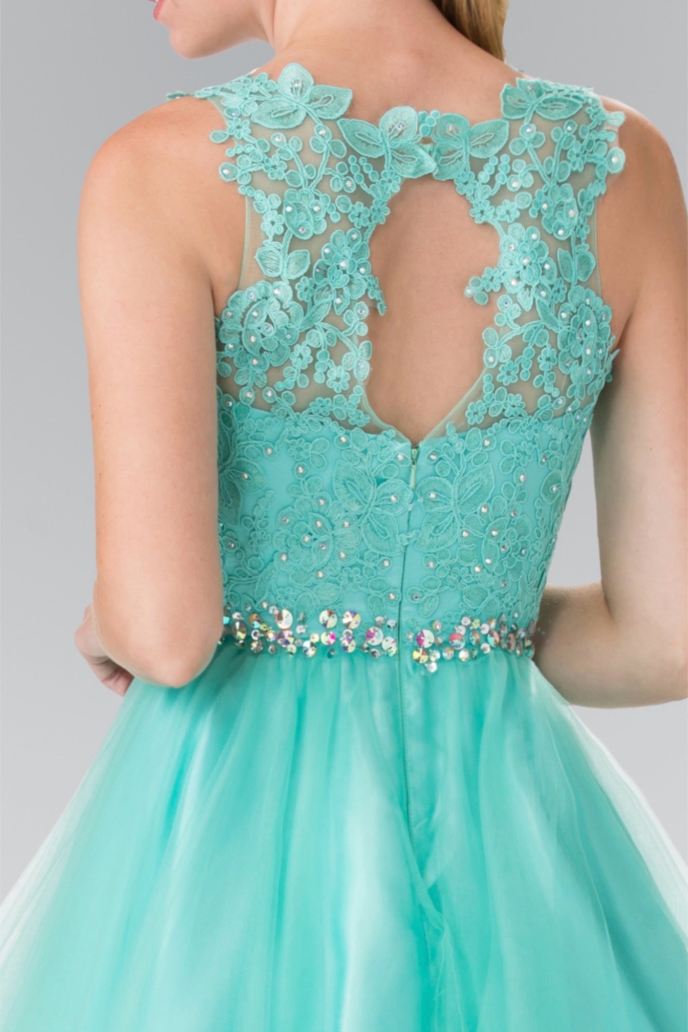 Lace Illusion Top A-line Short Dress with Beaded Waist. GS2375 GLS by Elizabeth K