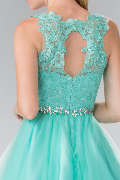 Lace Illusion Top A-line Short Dress with Beaded Waist. GS2375 GLS by Elizabeth K
