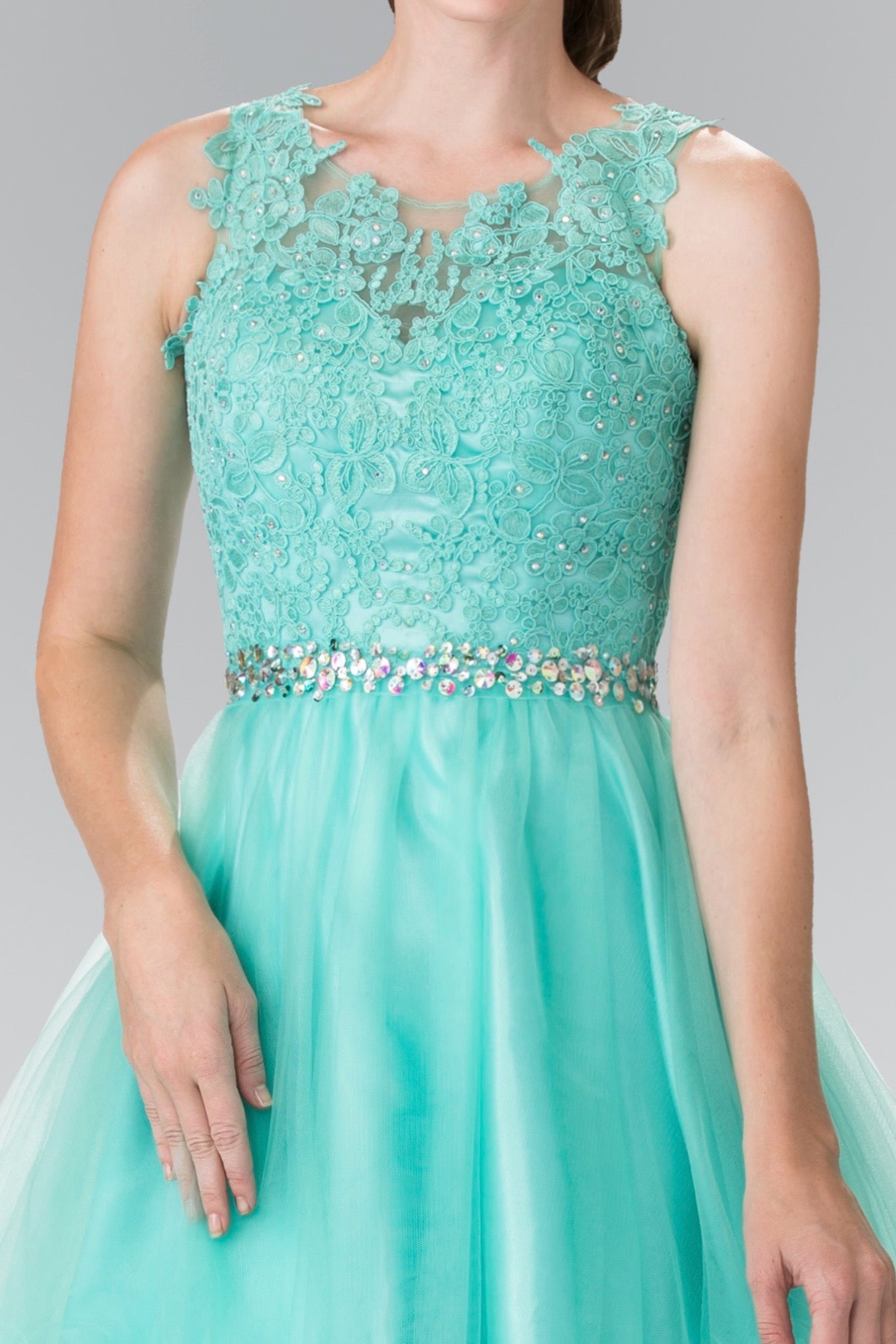 Lace Illusion Top A-line Short Dress with Beaded Waist. GS2375 GLS by Elizabeth K